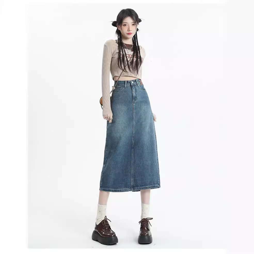 Vintage Denim Skirt Women's Summer 2024 New Spring and Autumn Mid-length Covering Cross A- Shaped Split Hip Skirt