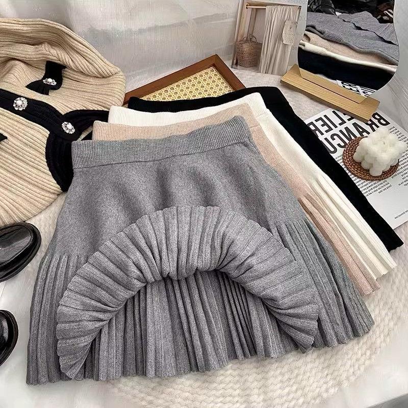 plus size Pleated Knitted Skirt Women's Spring and Autumn chubby girl 1.00 kg-150.00 kg Loose All-match High Waist A- line Dress Trendy