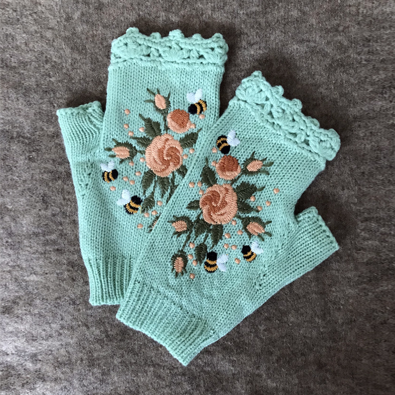 Picture of ins Hot Selling Autumn and Winter Women's Warm Wool Half-Finger Gloves Bee Small Flower Embroidered Knitted Gloves