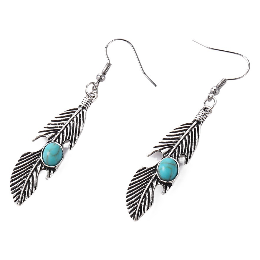 Amazon hot sale vintage earrings European and American cross-border fashion personality feather inlaid turquoise earrings earrings wholesale
