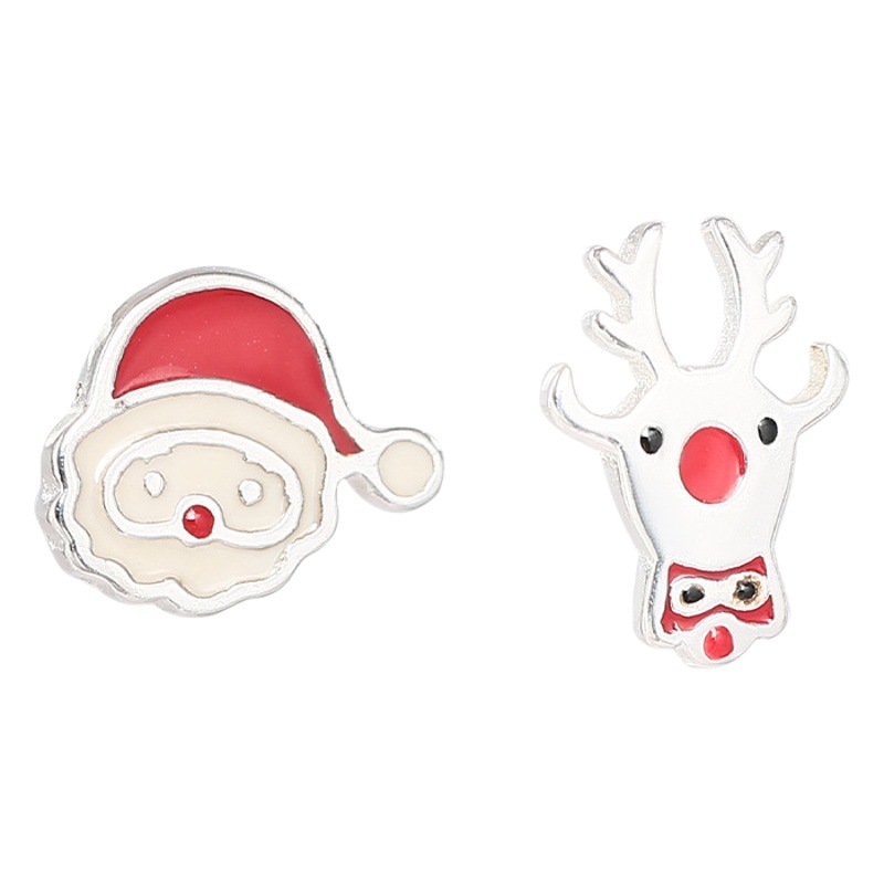 925 Silver Needle Christmas Earrings, High-End Autumn and Winter Cute Asymmetrical Elk Red Earrings for Women with Pierced Ears