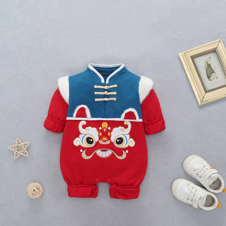 Picture of Chinese style winter baby romper New Year romper male and female baby double layer fleece-lined thickened Tiger year sweater New Year greeting clothes