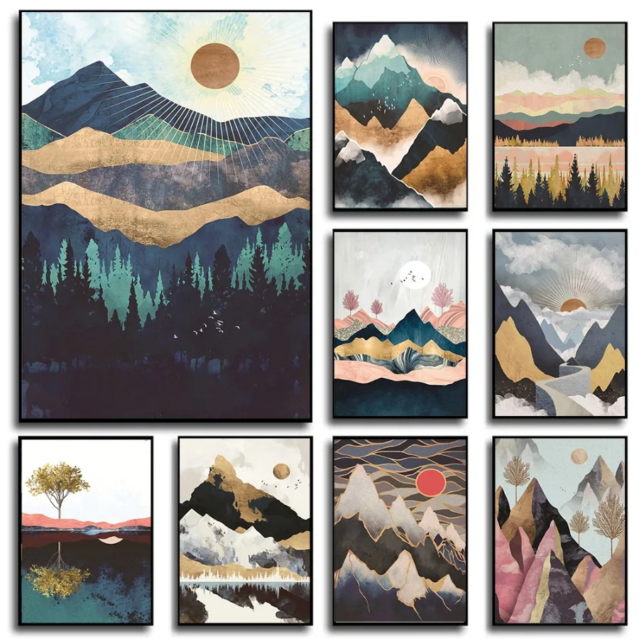 Modern abstract plant geometric mountain landscape Sunset Sunrise retro forest living room bedroom decoration hanging painting core