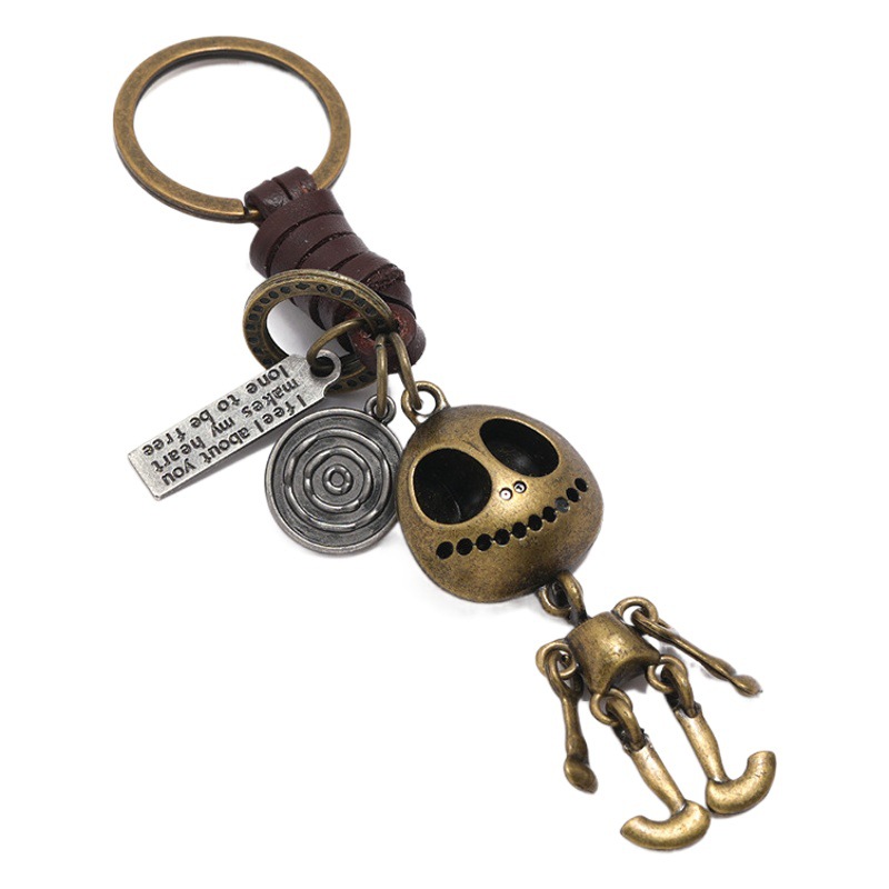 European and American Retro Jewelry Halloween Skull Skeleton Pendant Cowhide Keychain Personality Braided Creative Key Chain