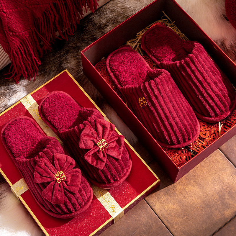 Wedding Slippers Festive Red Pair Winter Warm Non-slip Bride Groom Accompanying Wedding Wedding Couple Slippers