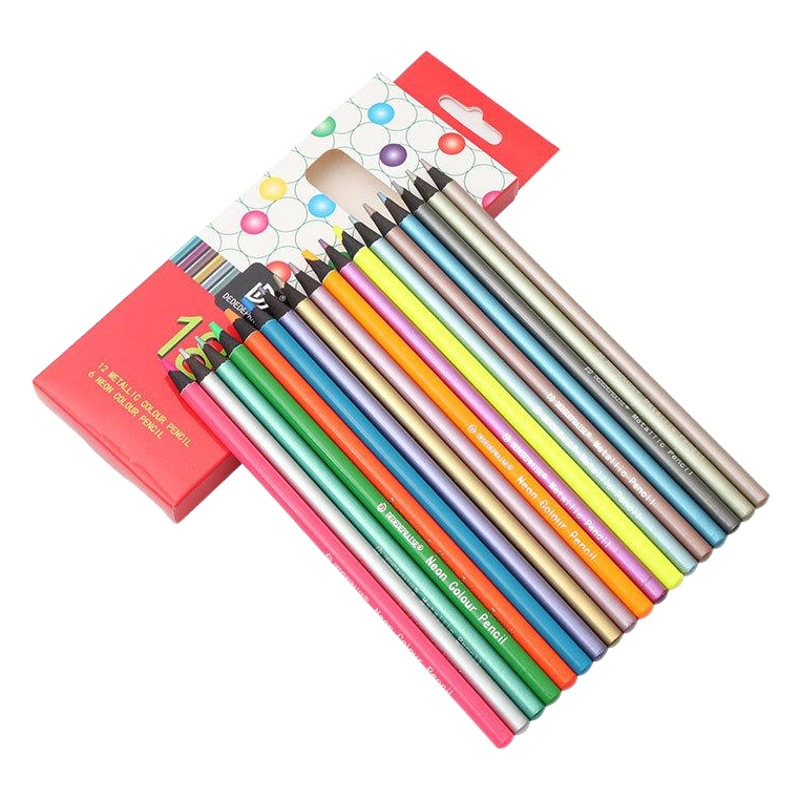Factory supply 6 color fluorescent color and 12 color metal color lead color pencil 18 a box of hand-painted fluorescent color