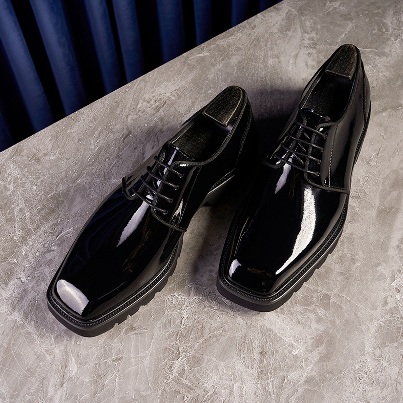New Genuine Leather Square Toe Derby Shoes Men's Thick Sole Increased Business Casual Dress Shoes Patent Leather Gloff Casual Men's Shoes