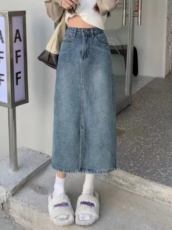High Waist Split Denim Skirt Women's 2024 New Autumn Mid-Length Hip Covering A- Shaped Small Hip Skirt