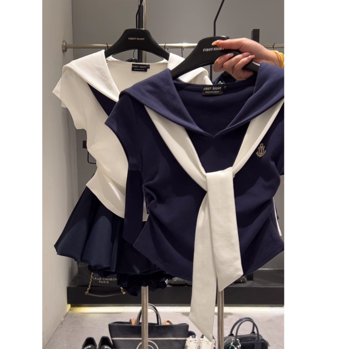 Picture of Korean Style Navy Collar Casual Sportswear Suit for Women Summer Vacation Two-Piece Shawl + Short Skirt Two-Piece Set Ins