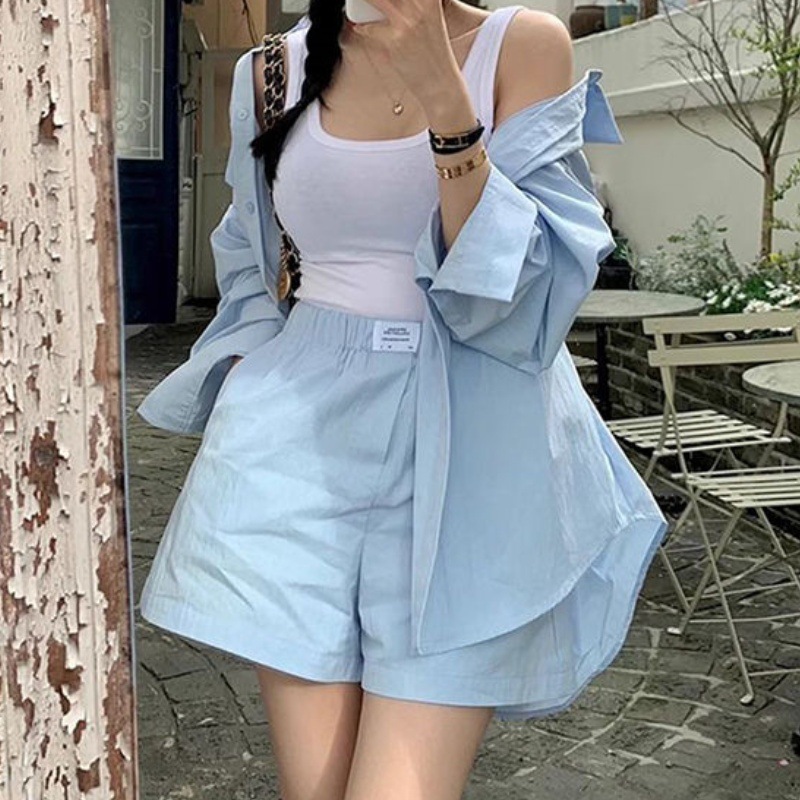 Korean Style Summer Sweet Age-Reducing Loose Top Versatile Lace-Up Long-Sleeved Shirt High-Waisted Wide-Leg Pants Shorts Suit