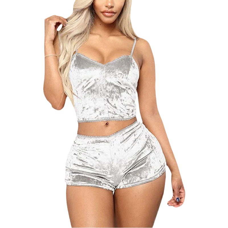 Sexy lingerie Women's European and American cross-border gold velvet sexy suspender shorts split pajamas suit wholesale delivery 1849