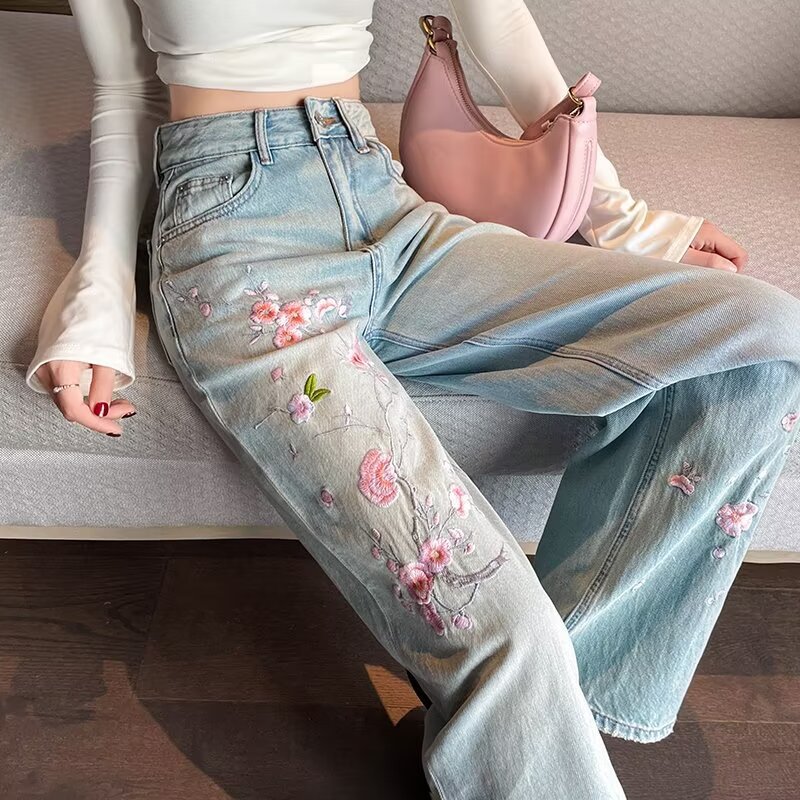 New Chinese embroidery design jeans women's autumn and winter 2025 new high-waisted slimming drape wide-leg floor-length pants
