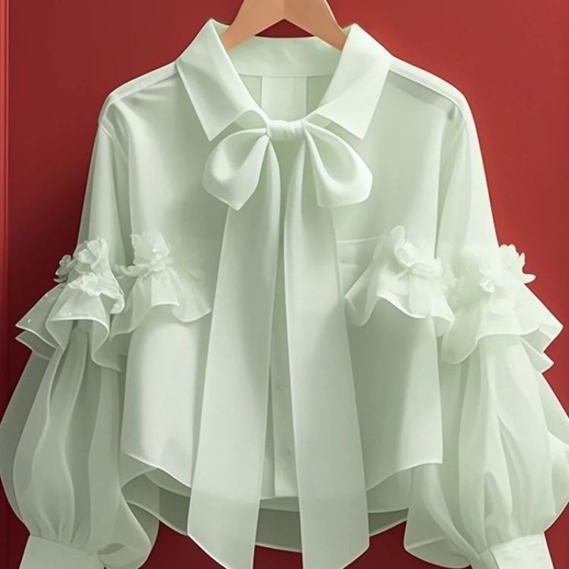 Picture of New Tops for Women 2025 Early Autumn Vintage French Unique Beautiful Green Bow Long-Sleeved Shirt A2918