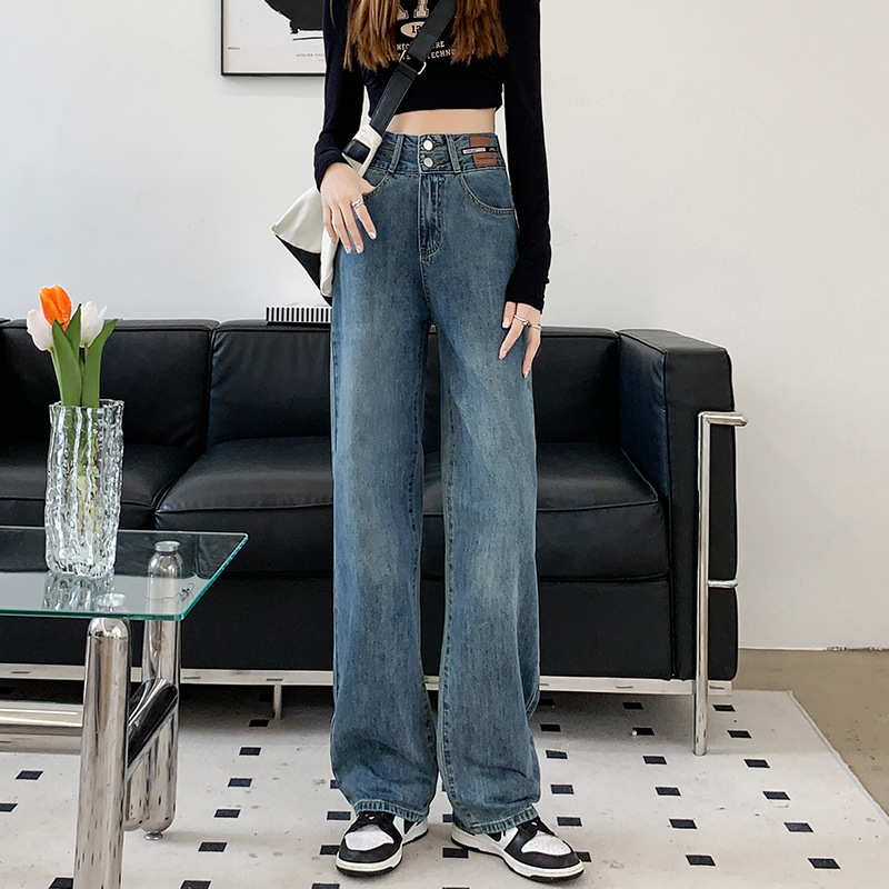 Spring and Autumn Long High Waist Wide Leg Jeans Women's Slimming Pear-Shaped Body Loose Straight Pants Trendy Design