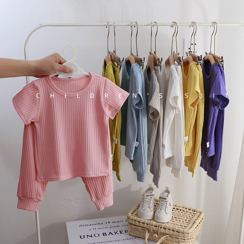 Picture of Children's Home Wear Set Korean Style Casual Unisex Solid Color 2024 Summer New Pajamas Children's Clothing Wholesale Short Sleeve
