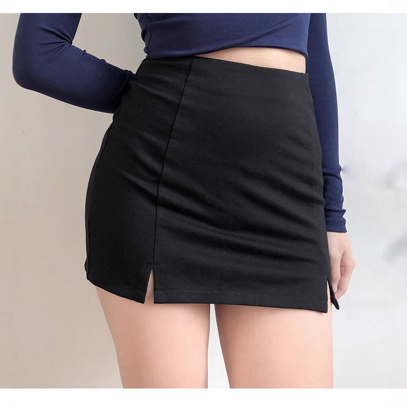 Picture of American-style Retro Girl's All-match High Waist Slimming Hem Split Hip Skirt Skirt A- line Skirt Anti-glare Skirt