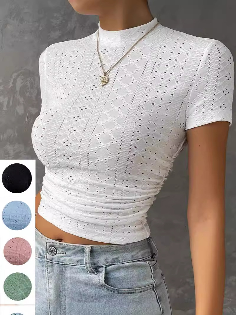 Cross-border Foreign Trade Amazon Temu2024 Europe and America Short-sleeved Pleated Crewneck Top Knitted Navel Solid Color Slim T