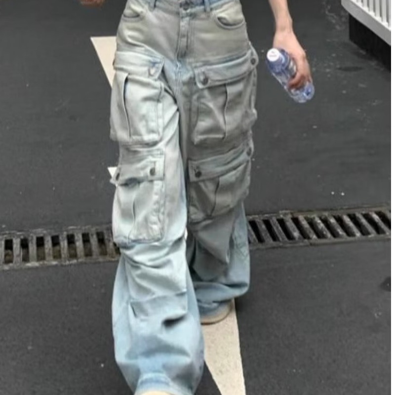 American Style Retro White Overalls Women's Autumn Hot Girl High Waist Slimming Loose Long Straight Denim Pants