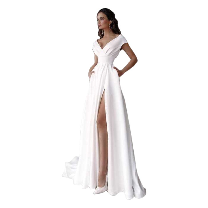European and American Foreign trade plus size high waist deep V high slit shoulder small tail daily dress bridesmaid wedding dress evening dress