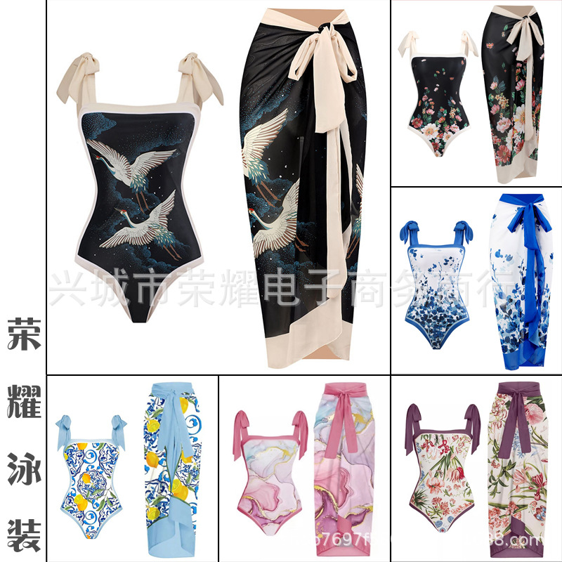 2024 new European and American foreign trade cross-border Amazon retro printed swimsuit one-piece swimsuit suit women's chiffon blouse