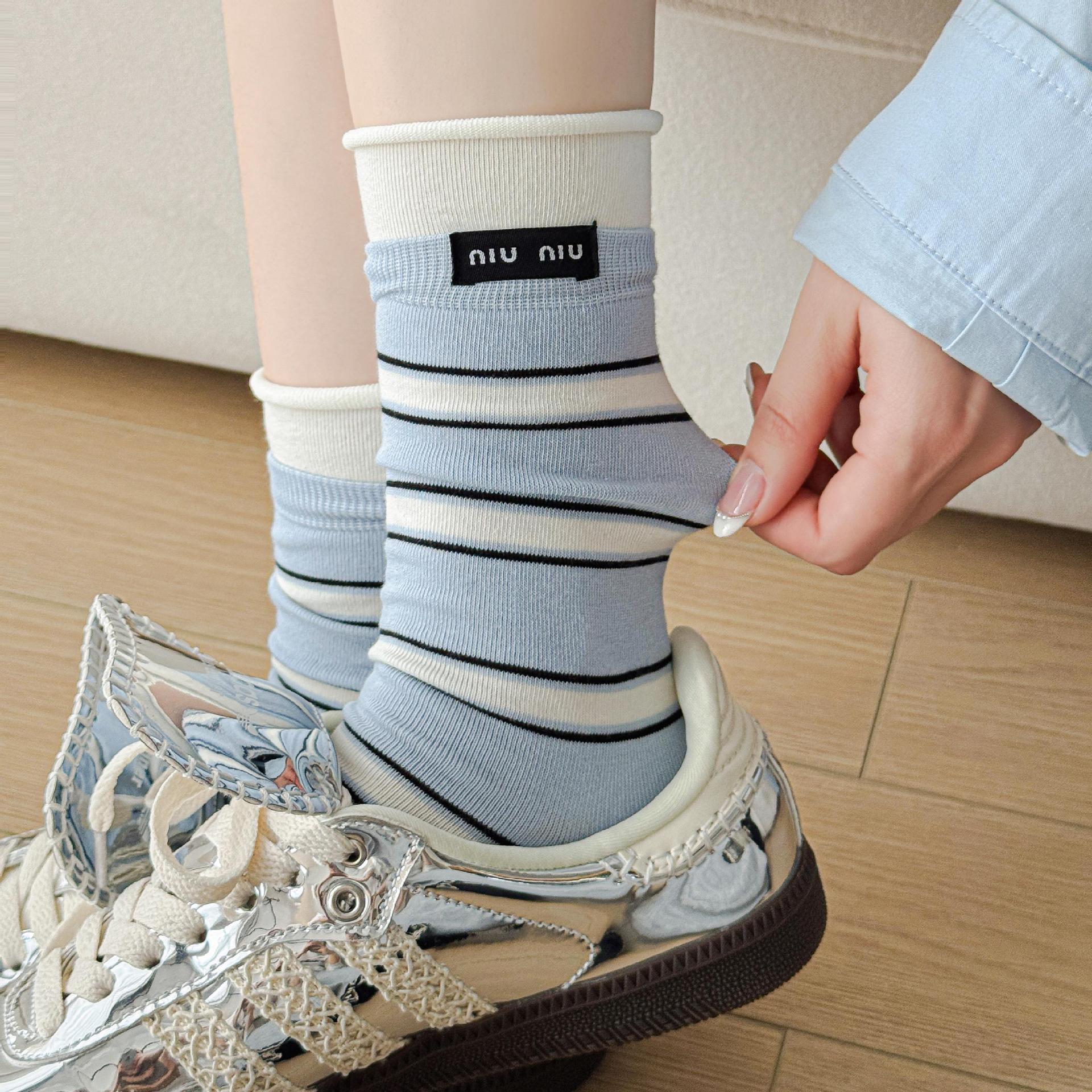 Socks Women's MIU Stacked Socks Striped Cloth Label Women's Mid-tube Socks 7A Antibacterial All-match Socks for Spring and Summer Zhuji Socks