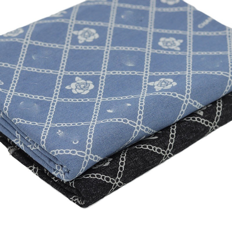 Picture of High D Camellia Printed Washed Denim Fabric Clothing Fabric Handmade DIY Clothes Jacket Pants