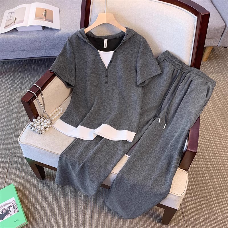 [Original] Lazy Style Hooded Contrast Wide Leg Pants suit Women's Summer chubby girl Casual Elegant Slim Two-piece Set