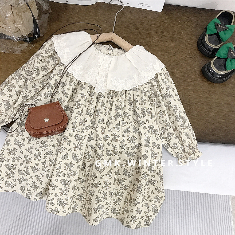 Girls' Mori floral dress spring new children's western style lace collar doll baby cotton dress foreign trade