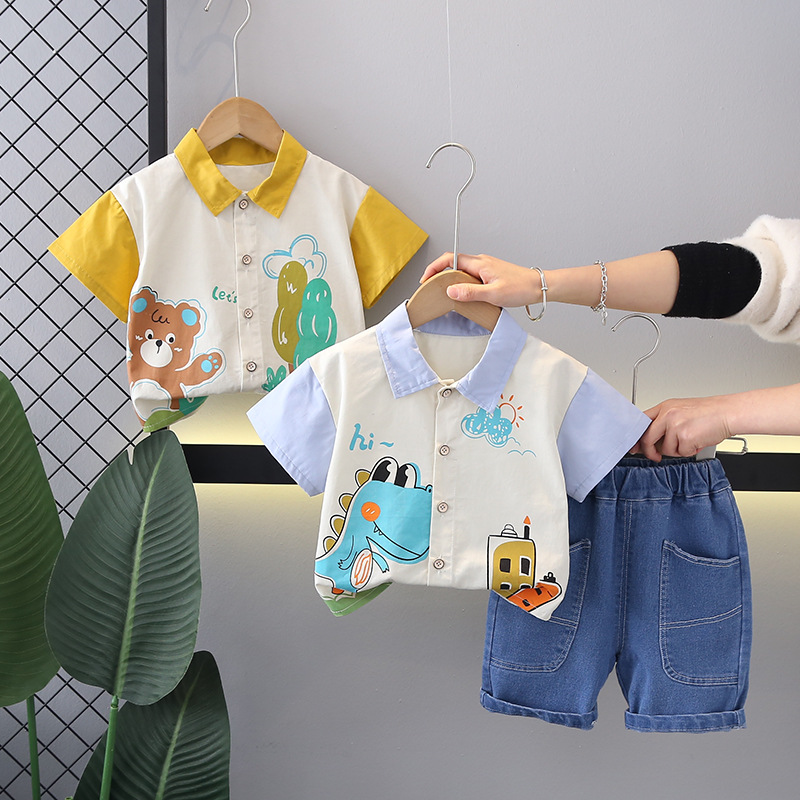 Boys Summer suit Summer New Children Breathable Sweat Absorbing Thin Bear Tree Shirt Short-sleeved Two-piece Set