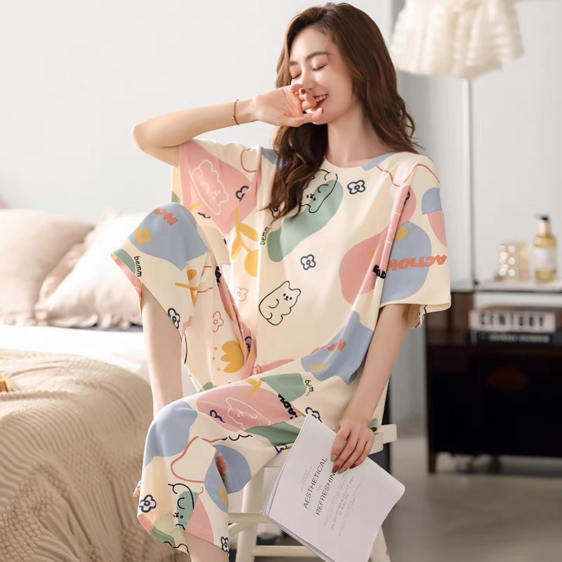 Pajamas Women's Summer Short-sleeved Cropped Pants Pullover Round Neck Printed Women's Spring and Autumn Plus Size Wide Home Clothes suit