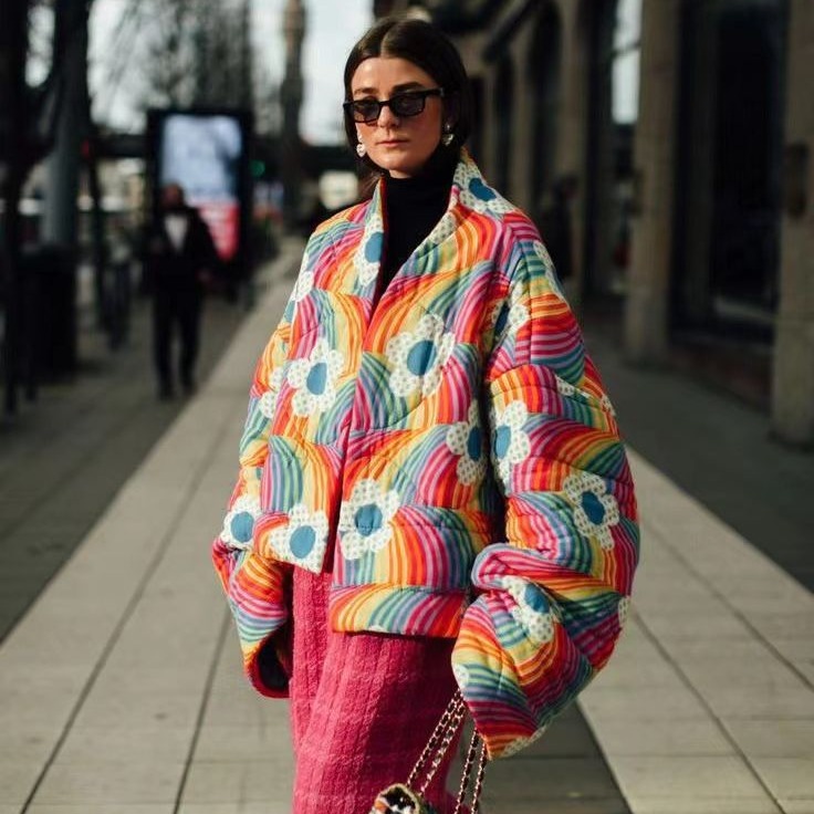 Cross-border autumn and winter new rainbow flowers fashion quilted coat