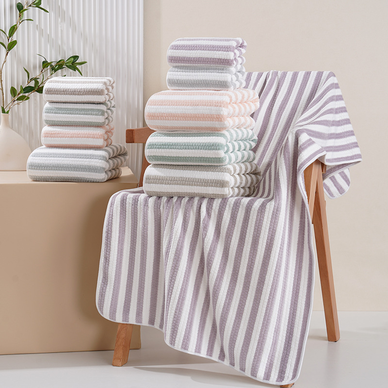 Cross-border Striped Coral Fleece Towel Bath Towel Thickened Pineapple Style Bath Towel Class A Large Bath Towel Absorbent Face Wash Towel