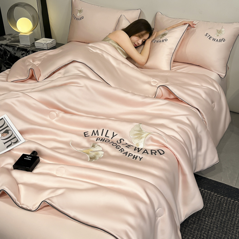 Picture of Washed Ice Silk Summer Quilt Four-piece Solid Color Embroidered Cool Air Conditioned Quilt Summer Gift Summer Quilt Summer Thin Quilt