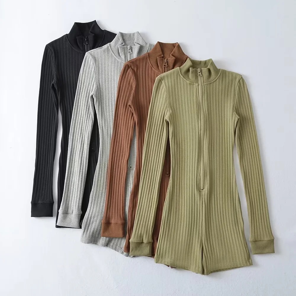 American-style retro stand collar half zipper long-sleeved jumpsuit women's 2023 autumn new hot girl slim high waist shorts