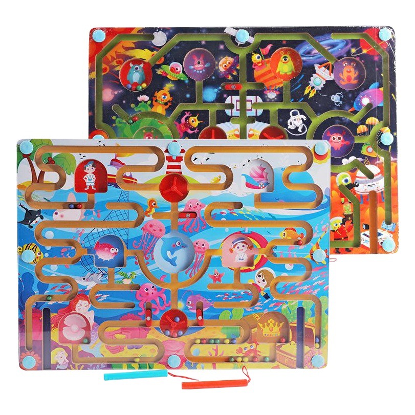 Picture of Wooden balls children's wooden magnetic pen walking bead maze space ocean ring track educational toys wholesale