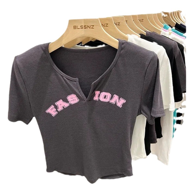 High-end White V-neck Shoulder T-shirt Women's Short-sleeved Ins Fashionable Summer Foreign Style Pure Clavicle Chic Short Top T-shirt
