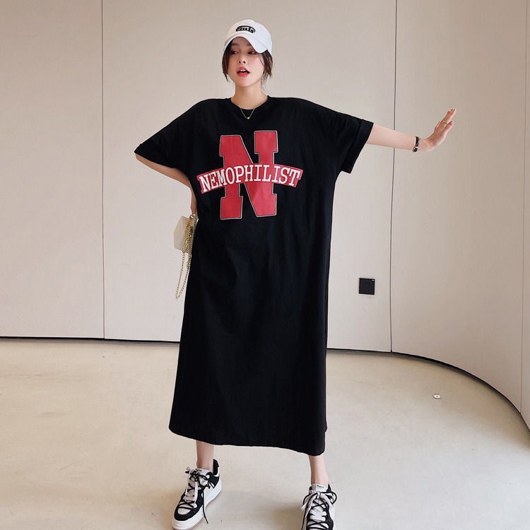 Picture of Korean T-shirt dress Women's 2024 Summer New Loose plus size Over-the-knee Short-sleeve Long Dress Casual Lazy Dress