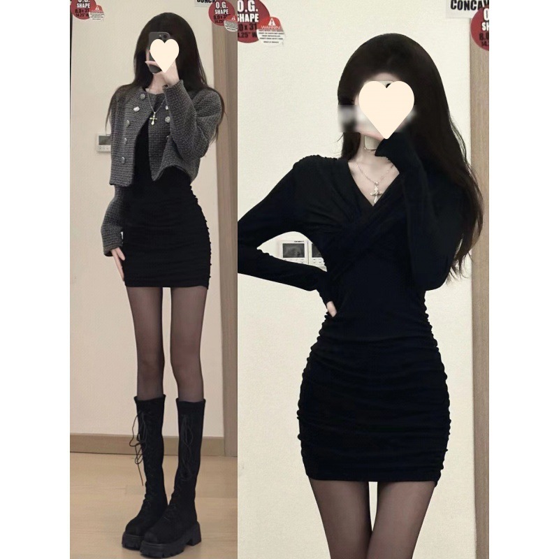 2025 New Black Spice Girls Sexy Bottoming dress Children's Autumn and Winter Coat with stepmother's Hip Skirt
