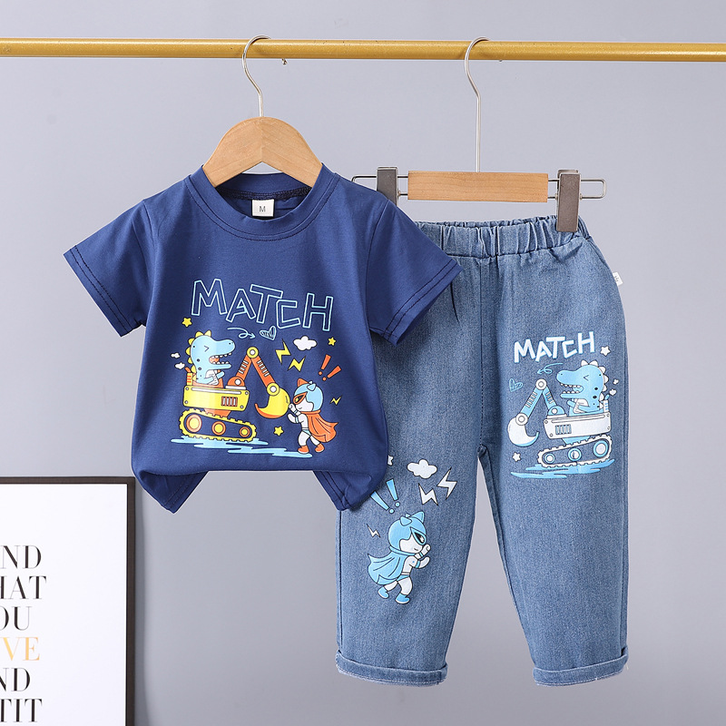 Picture of Summer 2024 new 0-5 years old children's suit cartoon car animal crew neck short sleeve jeans two piece cotton