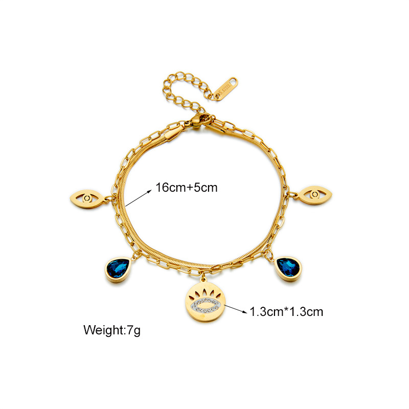 Picture of European and American Cross-Border Fashion Simple Metal Titanium Steel Retro Blue Diamond Water Drop Hollow Eye Double-Layer Chain Bracelet