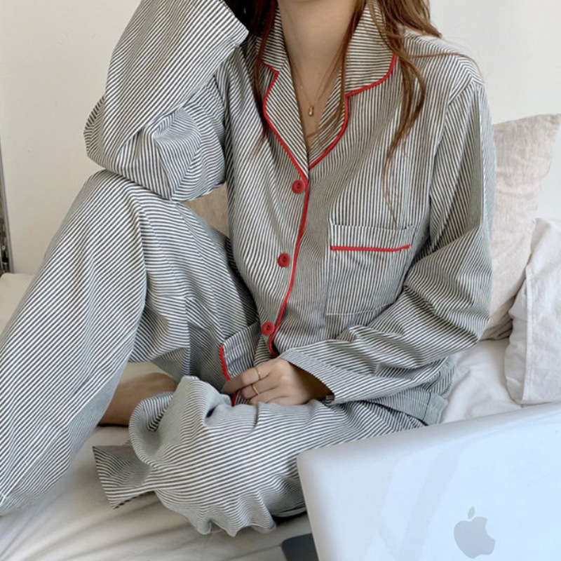 Picture of New Ins Pajamas for Women Simple Stripesd Internet Celebrity Long-Sleeved Cardigan Girl Korean Version Thin Home Wear Set Wholesale