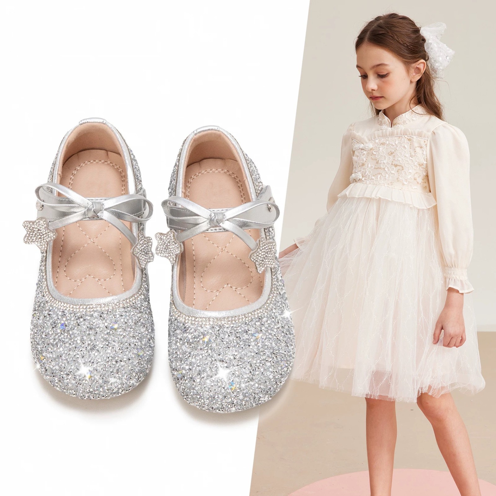 Baby's Sweet and Foreign-style Full Shoes Rhinestone Decorative Shallow Princess Shoes 2025 Spring Girl's Cute Star Bow