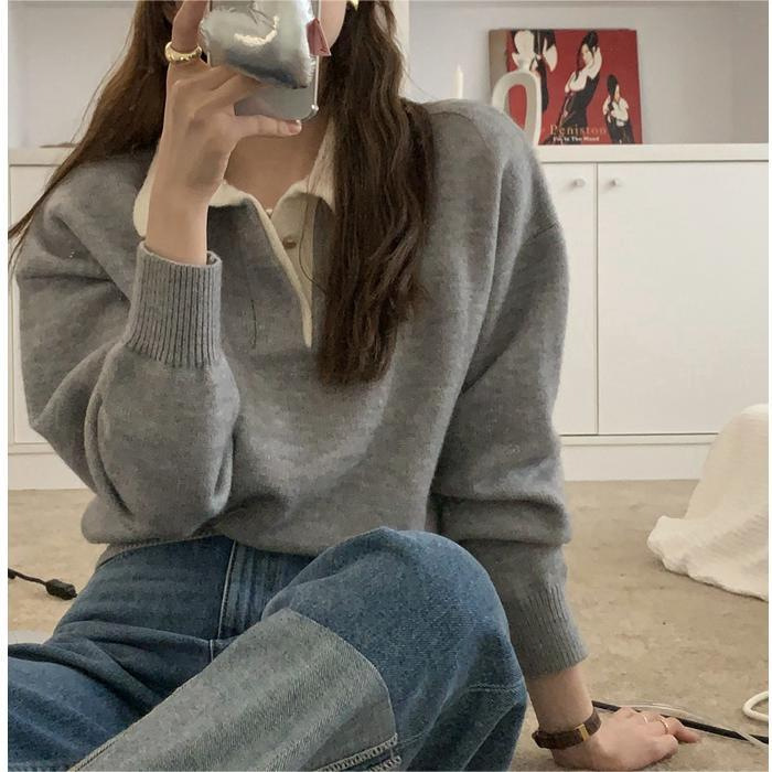 Simple sweater retro lapel sweater for women autumn and winter New loose lazy long sleeve top short outer wear