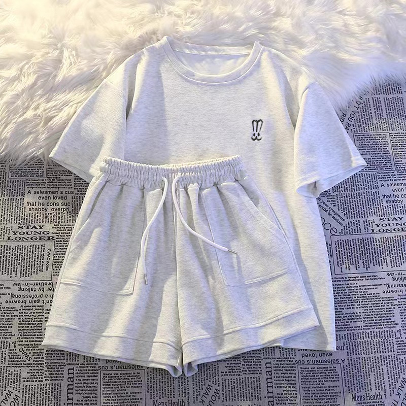 Strip Summer Casual Fashion Embroidered Short-Sleeved Shorts Suit Women's Loose Two-Piece Set Comfortable Sports White Wear