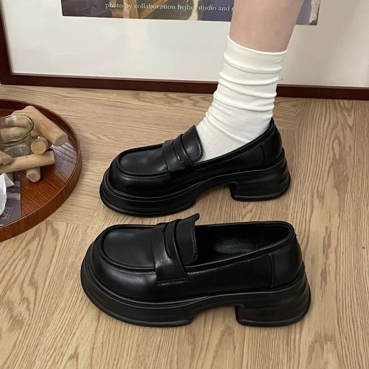 Black Work French Platform Loafers Women's 2025 New Spring All-match Thick Heel Shoes British Style Leather Shoes
