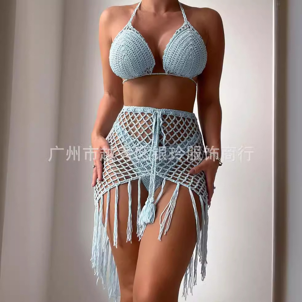 European and American Bohemian Square Hook Beach Swimsuit Hollow Knitted Blouse Bikini Sunscreen suit