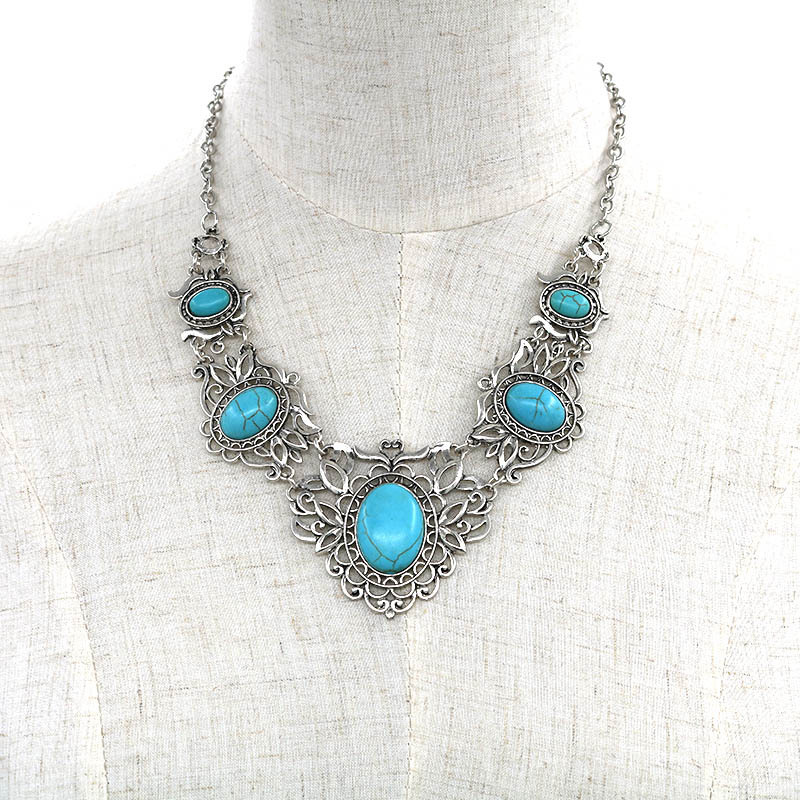 European and American Foreign Trade ethnic style turquoise pendant carved necklace vintage court jewelry