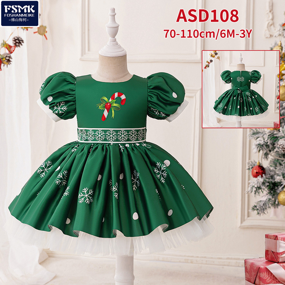 Children's Clothing Girls Princess Dress Printed Puff Sleeve Double Layer Fluffy Party Banquet Dress Christmas Tree Cross-Border Children's Dress