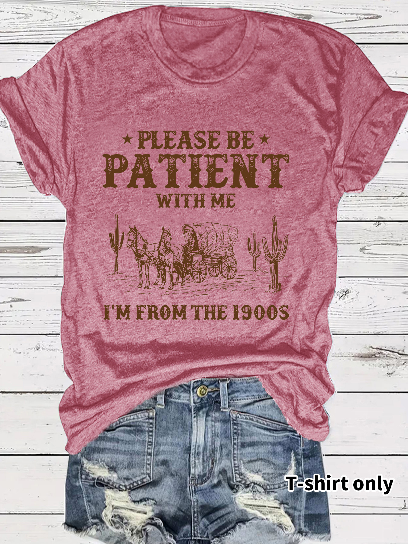 Picture of European and American Short-Sleeved Women's T-Shirts Summer Women's Clothing Western Denim Retro Pattern Round Neck Short-Sleeved Casual Fashion Export Hot Style