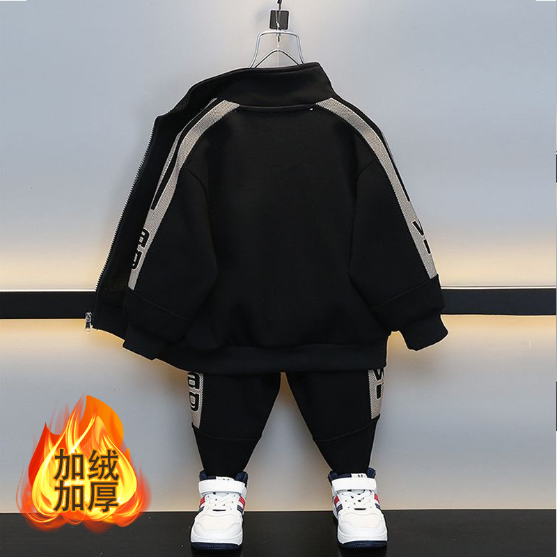 Picture of Boys' fleece-lined thickened cardigan top sweatpants two-piece set autumn and winter New versatile Western style sports casual pants suit
